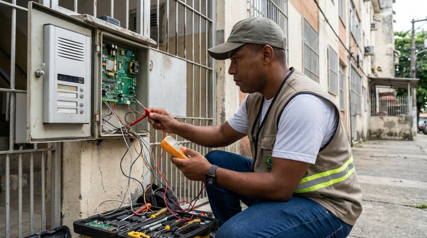 Eletricista consertando interfone em Vitória da Conquista‑BA