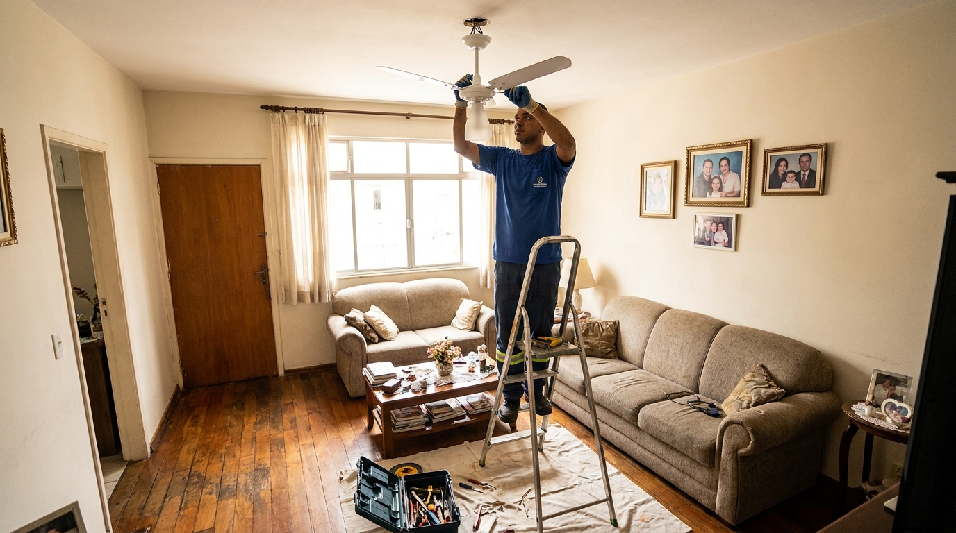 Eletricista instalando ventilador de teto em Belém‑PA